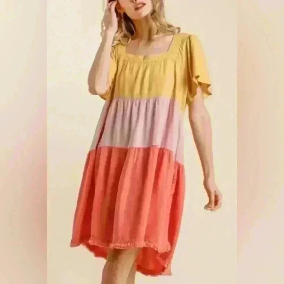 Umgee Colorblock Frayed Hem Dress (35) - Picture 1 of 9
